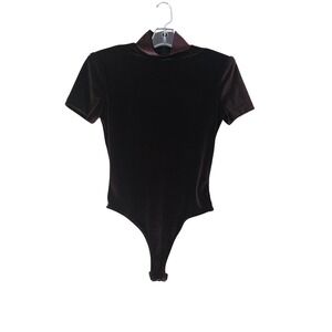 CACHE Velvet Mock Neck‎ Bodysuit Short Sleeve Brown Thong Back Snap Closure Sz M
